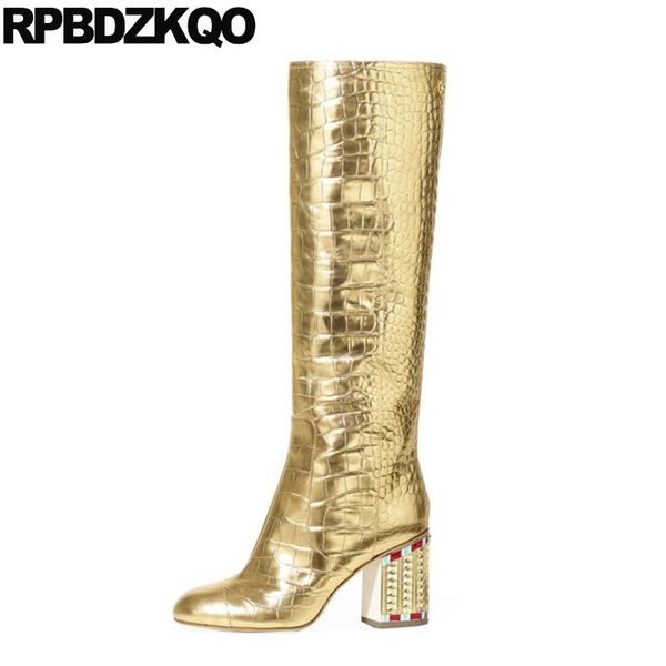 ladies knee high rhinestone 12 44 gold heel big size shoes women 2019 long diamond boots 10 crossdresser chunky, Black